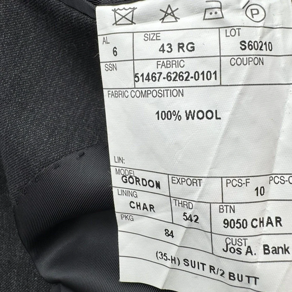 JOS A BANK Men's 43R Charcoal Gray Wool Blazer Suit Jacket Sport Coat‎ Signature